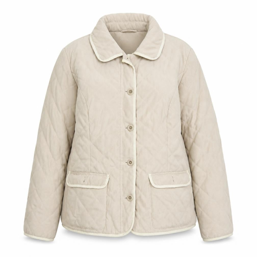 Front view of Country Casuals Women Beige Quilted Mid-Length Jacket, size 14
