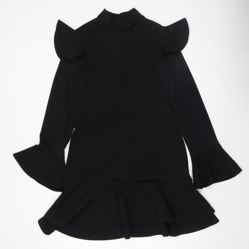 Boohoo Women Black Size 14 Bodycon Ruffle Long Sleeve Short Dress