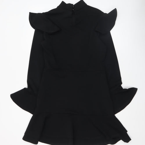 Boohoo Women Black Size 14 Bodycon Ruffle Long Sleeve Short Dress