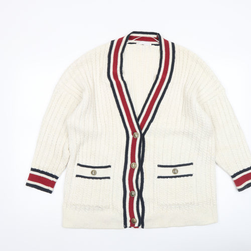 MNG Women's Ivory V-Neck Cardigan XS Cable Knit Classic Style