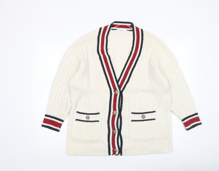 MNG Women's Ivory V-Neck Cardigan XS Cable Knit Classic Style