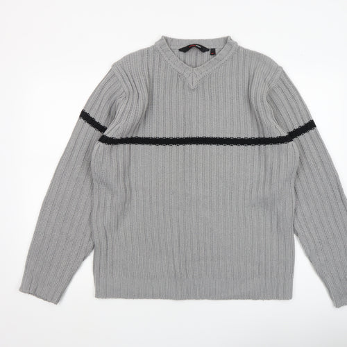 Cutting Edge Mens Grey Chunky Knit V-Neck Jumper XL