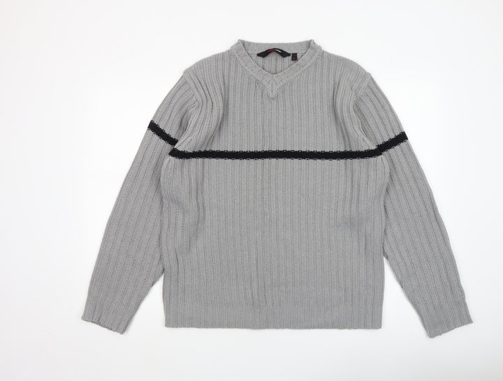 Cutting Edge Mens Grey Chunky Knit V-Neck Jumper XL