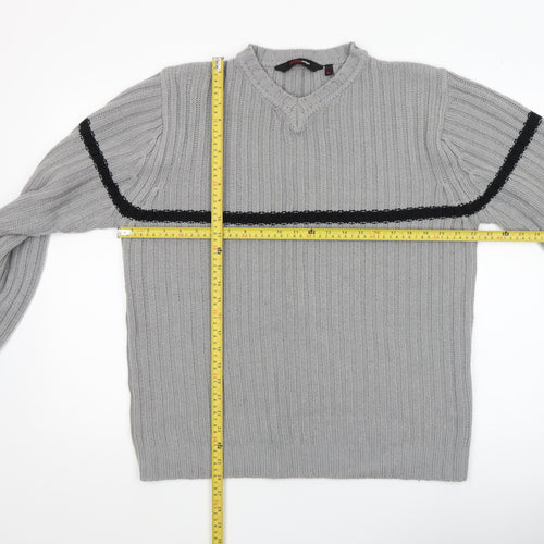 Cutting Edge Mens Grey Chunky Knit V-Neck Jumper XL