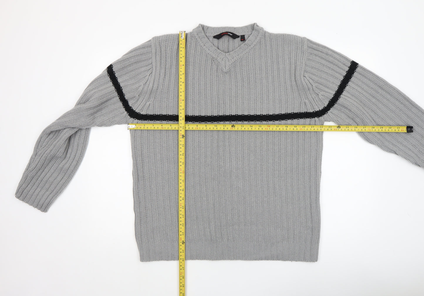 Cutting Edge Mens Grey Chunky Knit V-Neck Jumper XL