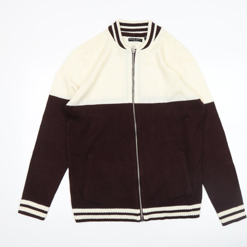 Brave Soul Men Brown Full Zip Knit Jumper Medium Acrylic
