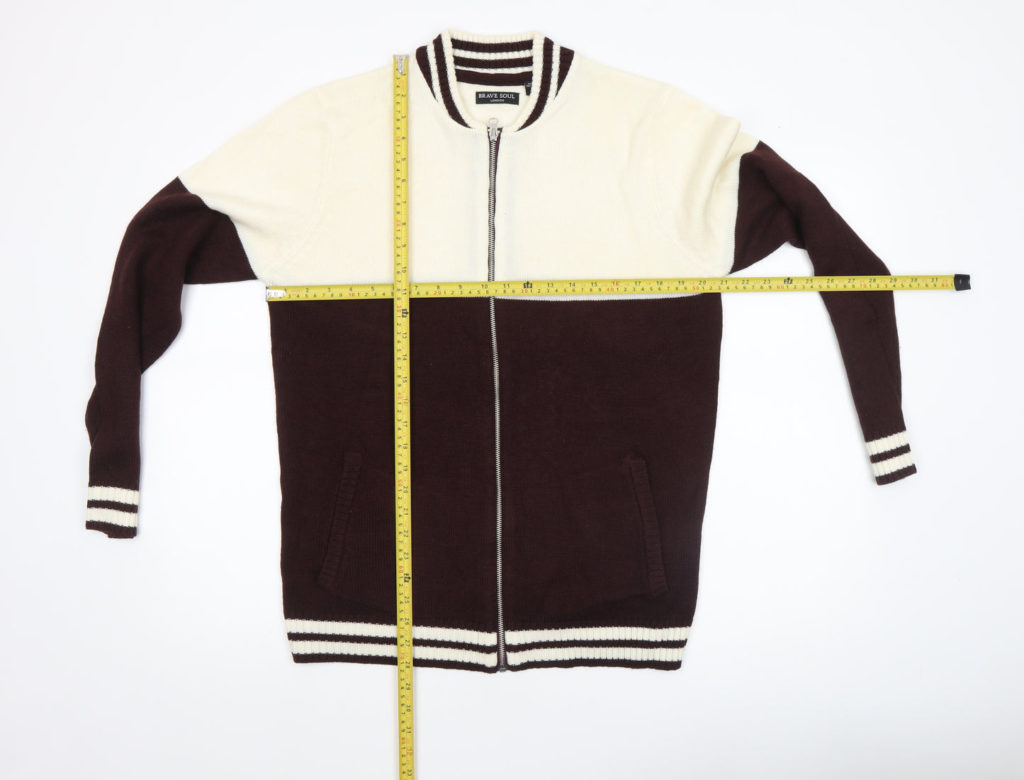 Brave Soul Men Brown Full Zip Knit Jumper Medium Acrylic