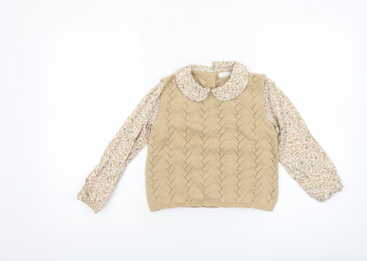 Next Girls Beige Knit Pullover Jumper 4 Years Floral Long Sleeve Blouse Collar