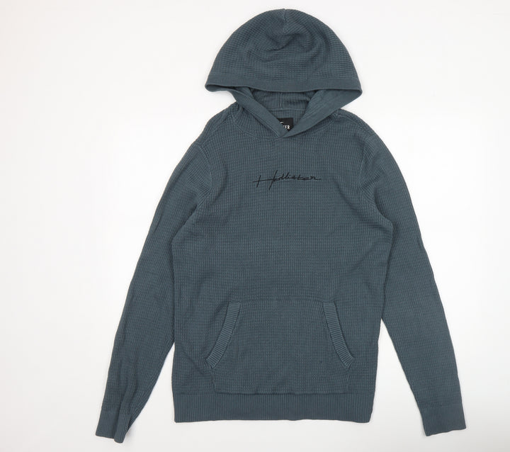 Hollister Mens Blue Waffle-Knit Hooded Pullover Jumper Size M