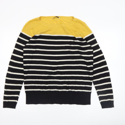 Oasis Women's Black Stripe Yellow Crochet Knit Jumper Medium