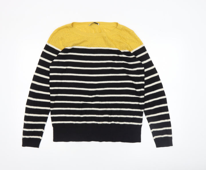 Oasis Women's Black Stripe Yellow Crochet Knit Jumper Medium