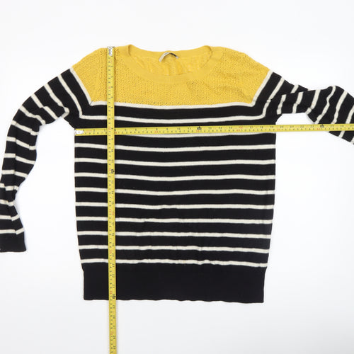 Oasis Women's Black Stripe Yellow Crochet Knit Jumper Medium