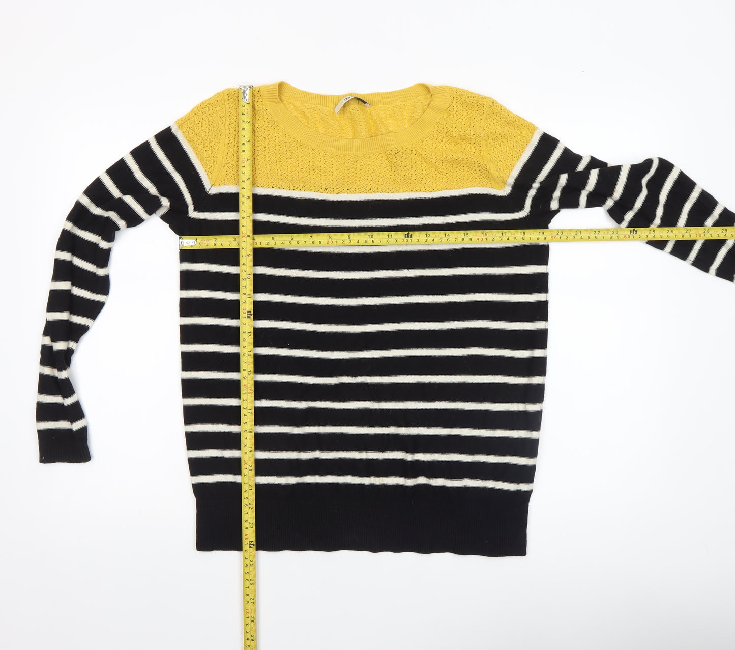 Oasis Women's Black Stripe Yellow Crochet Knit Jumper Medium