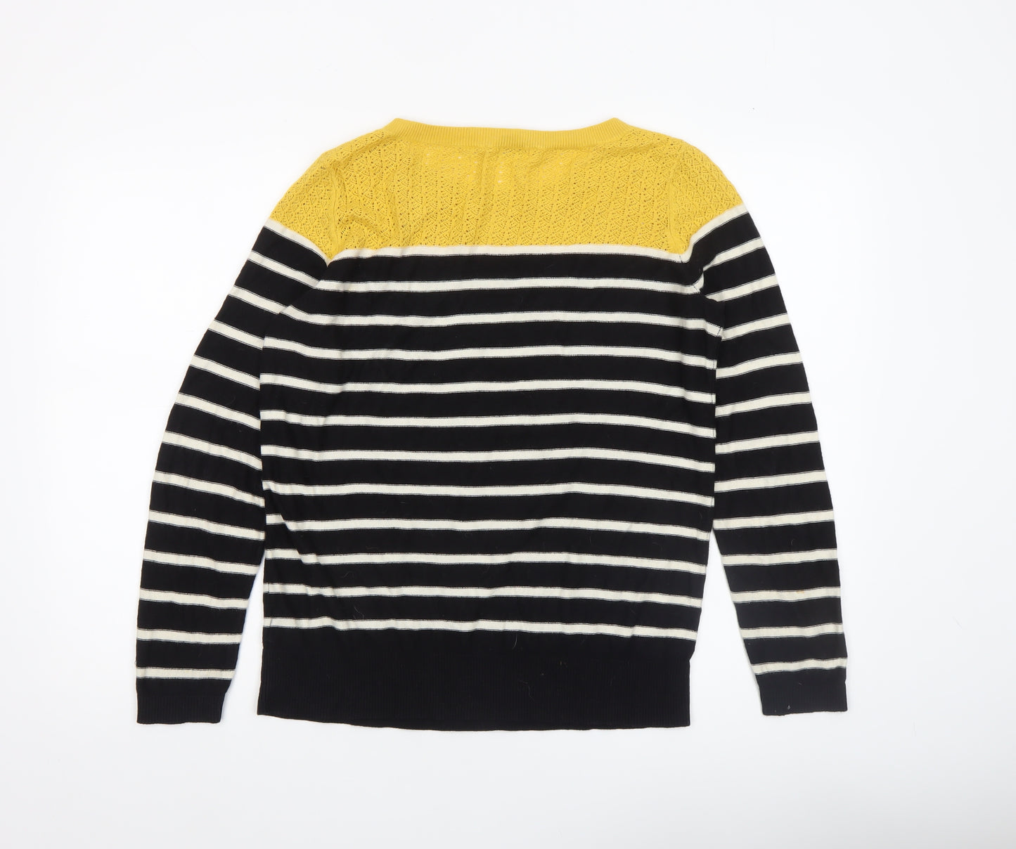 Oasis Women's Black Stripe Yellow Crochet Knit Jumper Medium
