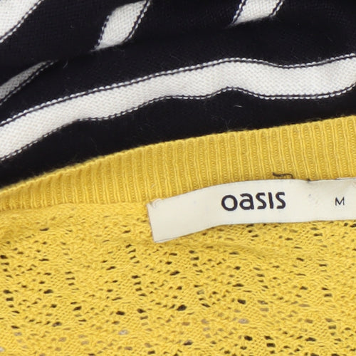 Oasis Women's Black Stripe Yellow Crochet Knit Jumper Medium