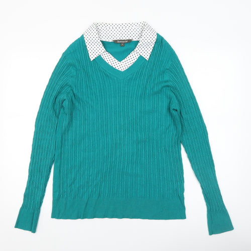 Bonmarché Women’s Green Cable-Knit V-Neck Pullover Jumper Size 16