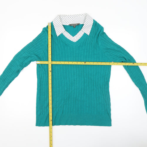 Bonmarché Women’s Green Cable-Knit V-Neck Pullover Jumper Size 16