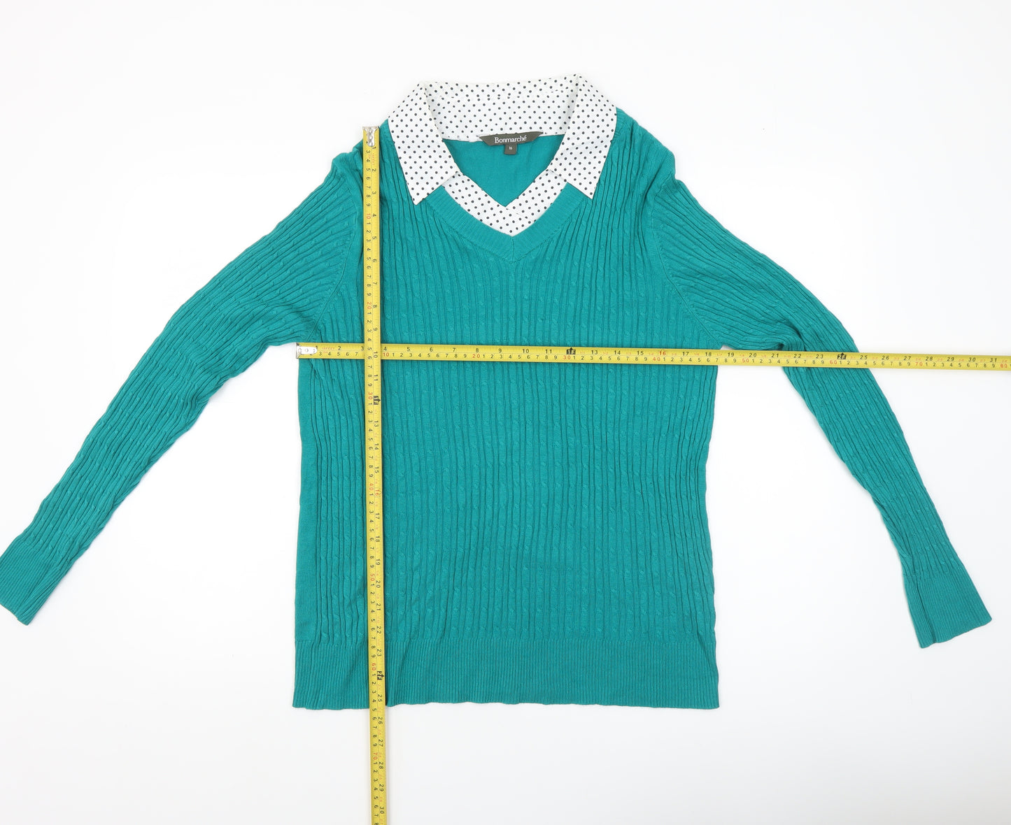 Bonmarché Women’s Green Cable-Knit V-Neck Pullover Jumper Size 16