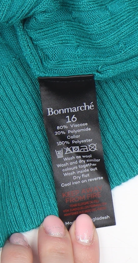 Bonmarché Women’s Green Cable-Knit V-Neck Pullover Jumper Size 16