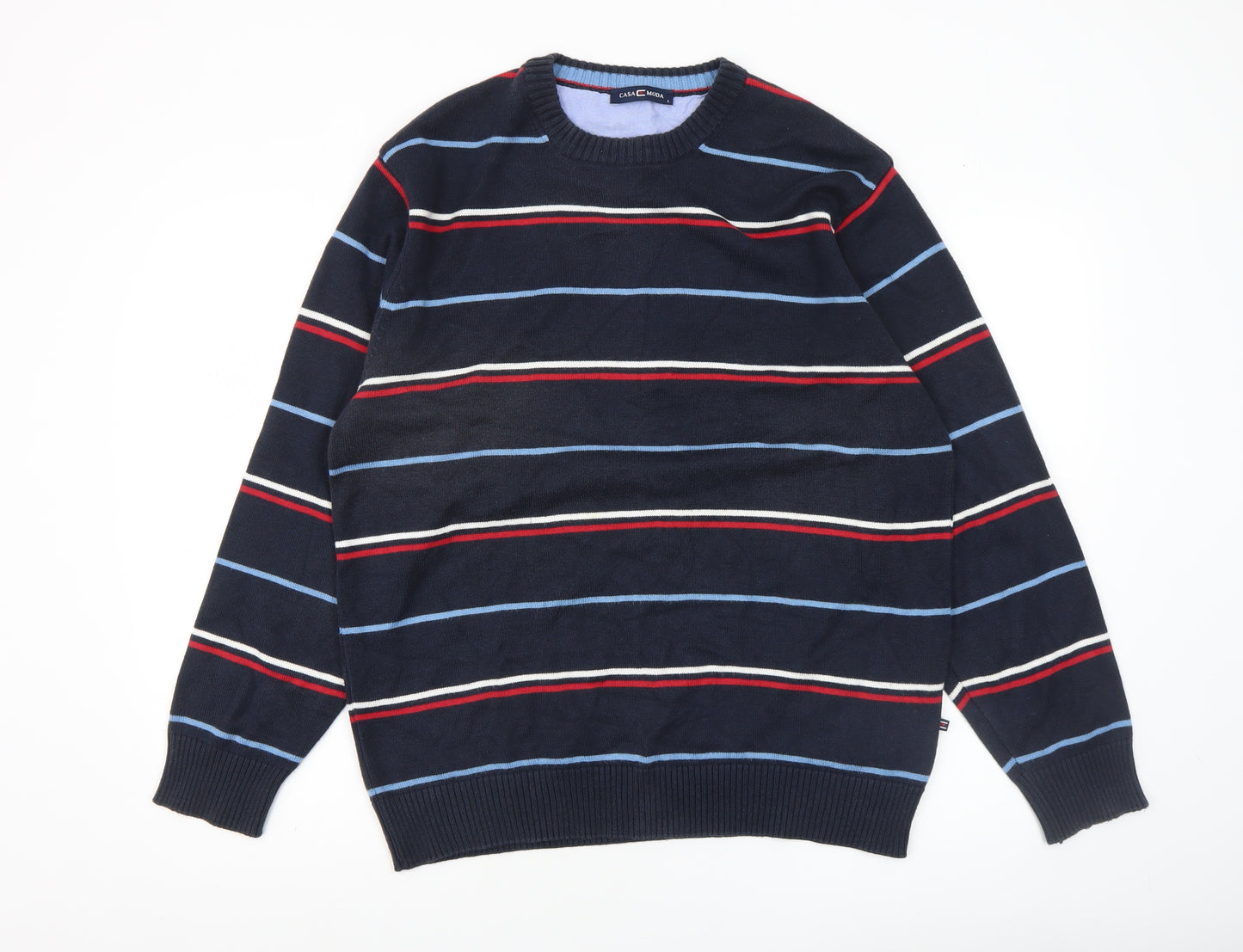 Casa Moda Men Blue Striped Cotton Acrylic Crew Neck Jumper L