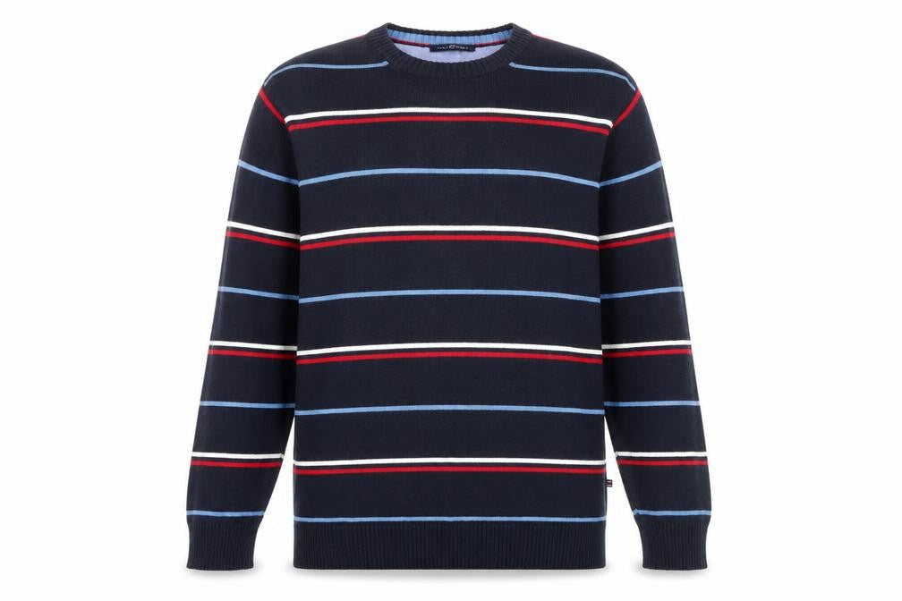 Front view of Casa Moda Men Blue Striped Cotton Acrylic Crew Neck Jumper L