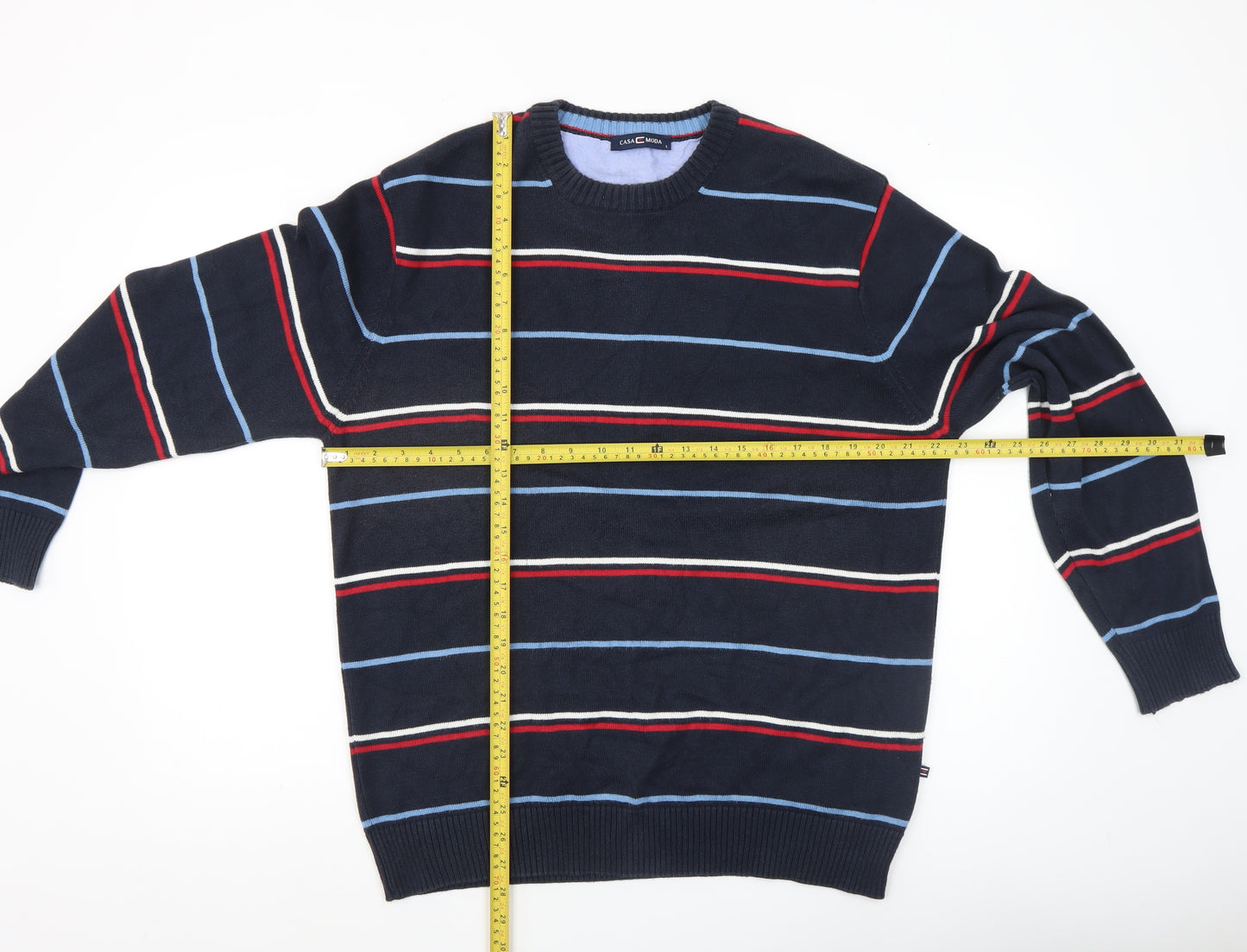 Casa Moda Men Blue Striped Cotton Acrylic Crew Neck Jumper L