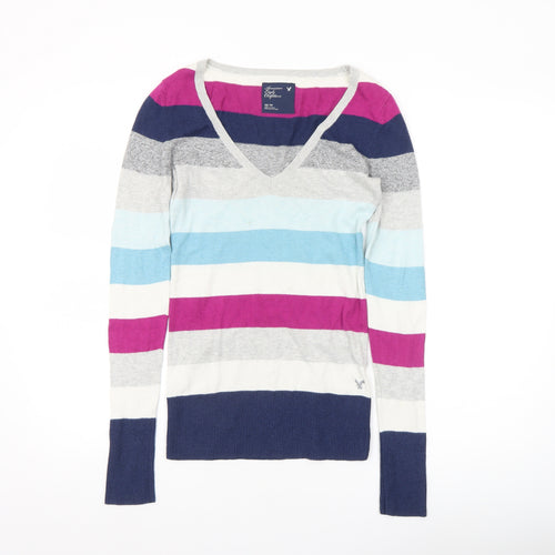 American Eagle Outfitters Women’s Multicoloured Striped V-Neck Pullover Jumper XS