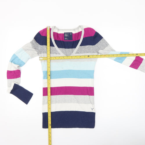 American Eagle Outfitters Women’s Multicoloured Striped V-Neck Pullover Jumper XS