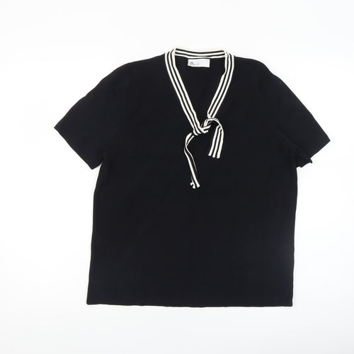 BHS Womens Black Short Sleeve V-Neck Bow Blouse Size 18