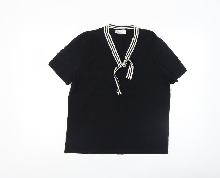 BHS Womens Black Short Sleeve V-Neck Bow Blouse Size 18