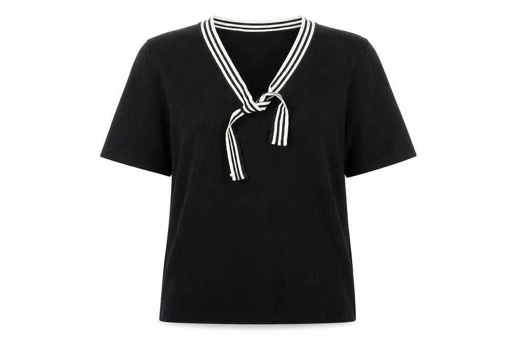 Front view of BHS women’s black short sleeve v-neck bow blouse, size UK 18