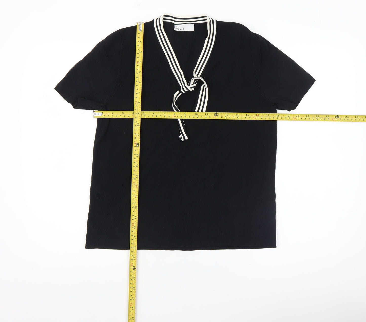 BHS Womens Black Short Sleeve V-Neck Bow Blouse Size 18