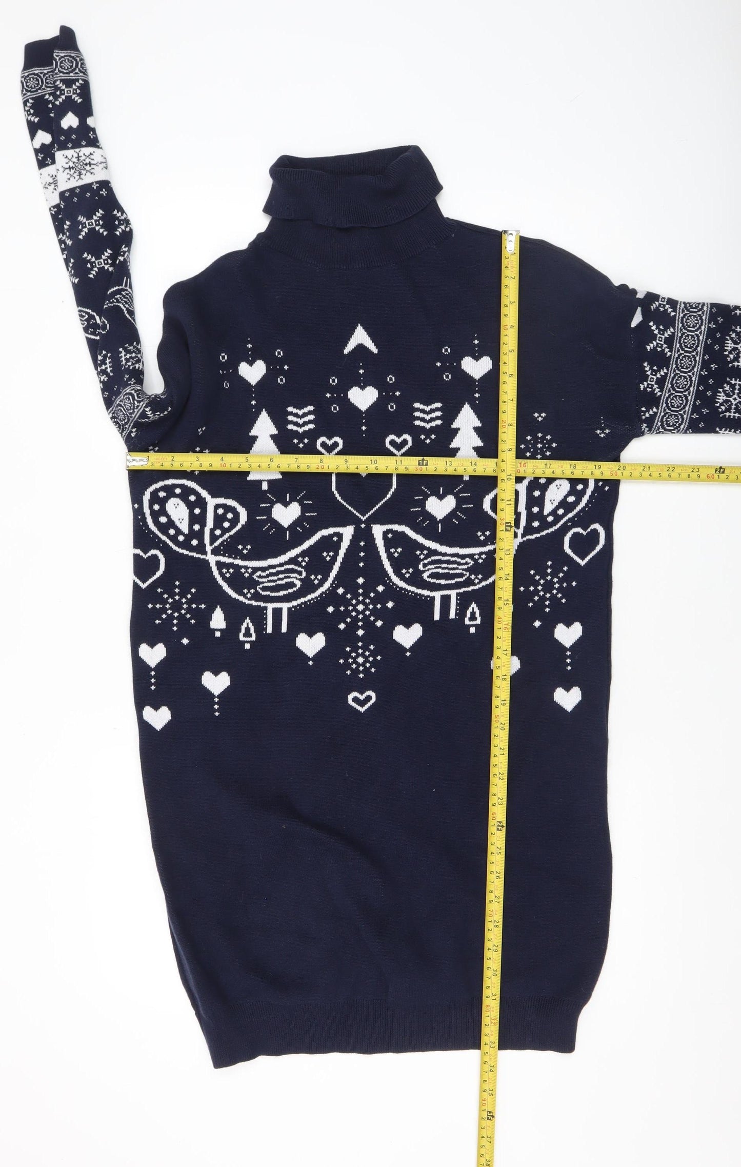 Next Women’s Blue Fair Isle Roll Neck Cotton Tunic Jumper Size 12