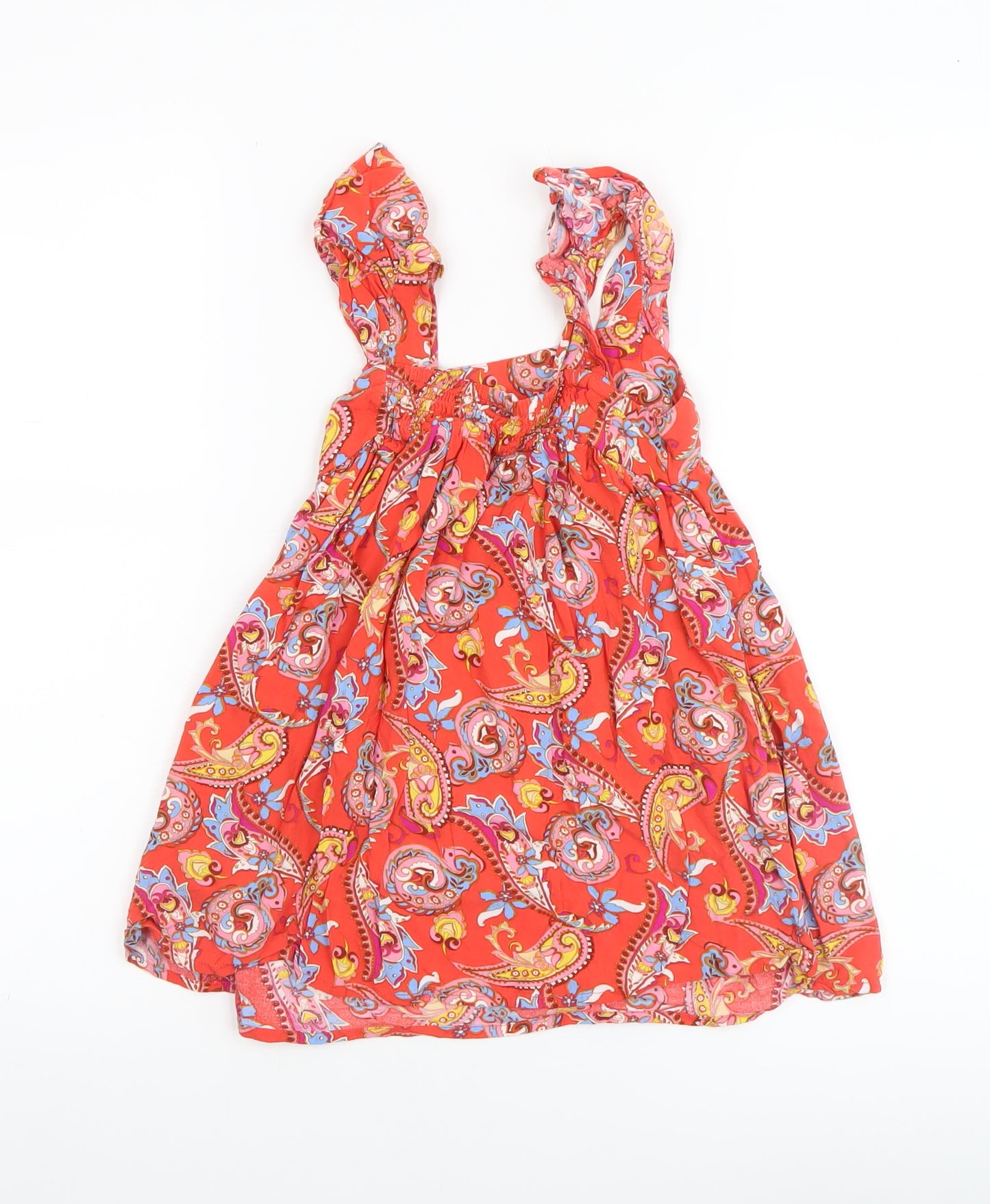 Primark Girls Red Paisley Cotton A-Line Ruffle Sleeveless Dress 4-5 Years