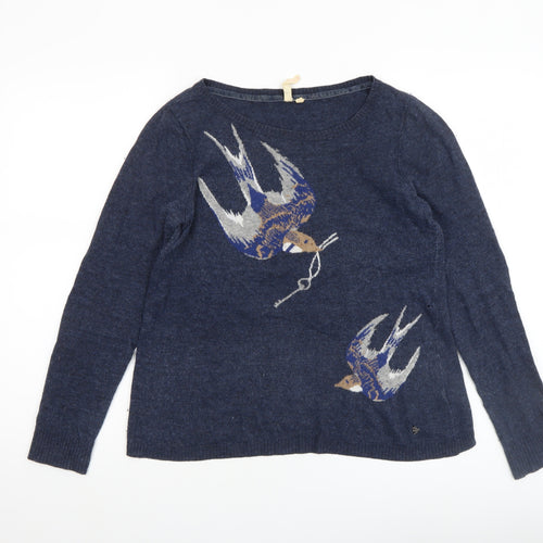 Lulu & Red Women's Blue Bird Pattern Wool Blend Jumper Size M