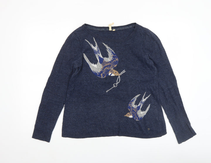 Lulu & Red Women's Blue Bird Pattern Wool Blend Jumper Size M