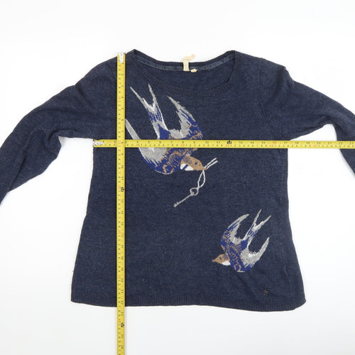 Lulu & Red Women's Blue Bird Pattern Wool Blend Jumper Size M