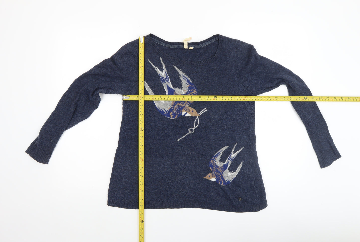 Lulu & Red Women's Blue Bird Pattern Wool Blend Jumper Size M