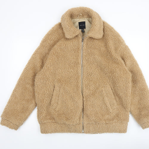 New Look Men's Beige Fleece Bomber Jacket M Full Zip Casual
