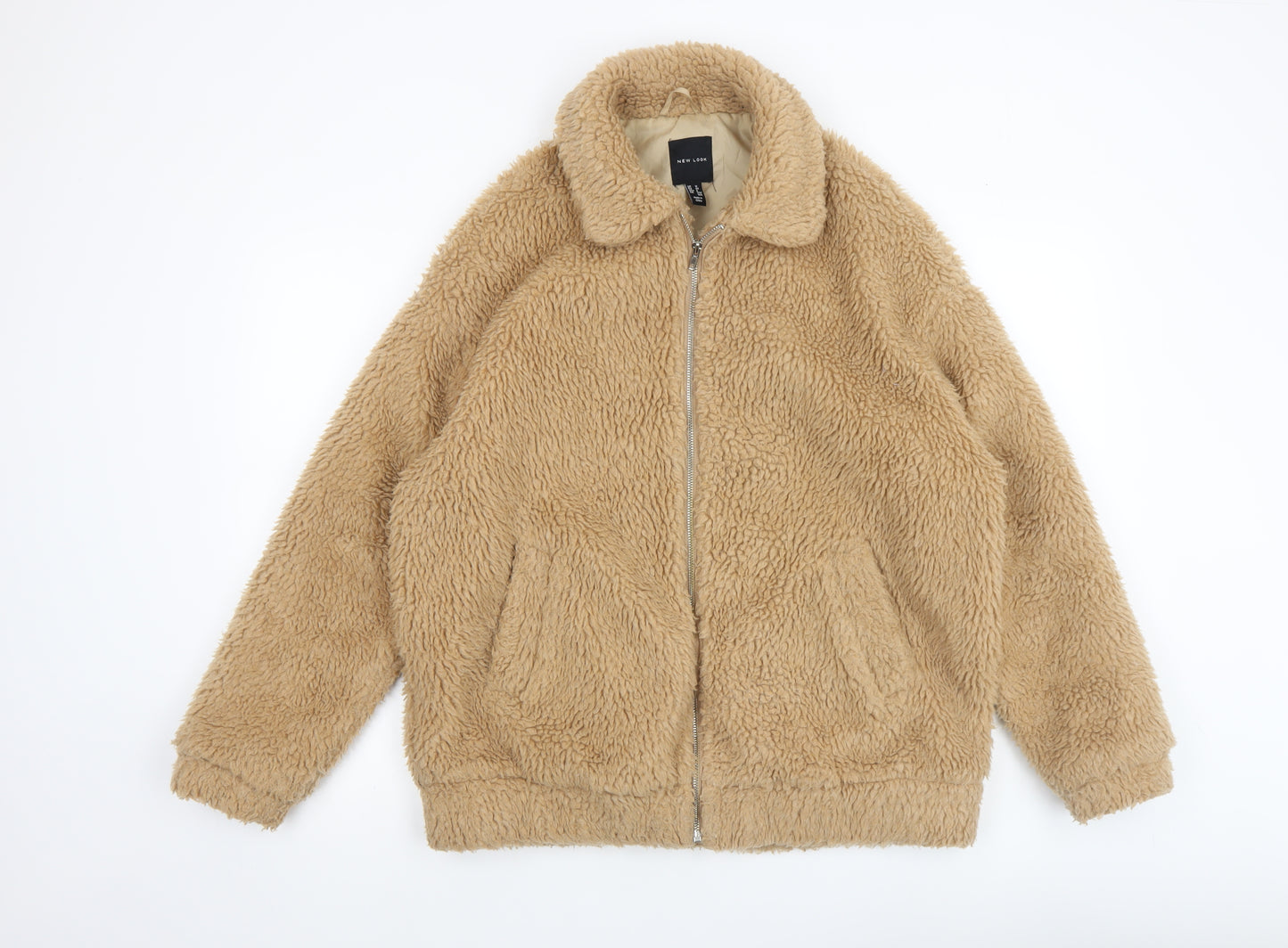 New Look Men's Beige Fleece Bomber Jacket M Full Zip Casual