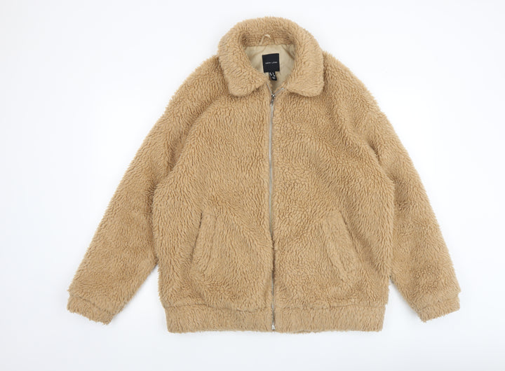 New Look Men's Beige Fleece Bomber Jacket M Full Zip Casual