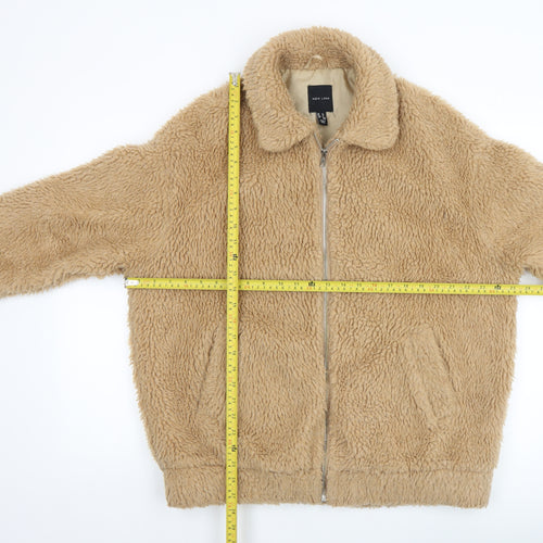 New Look Men's Beige Fleece Bomber Jacket M Full Zip Casual