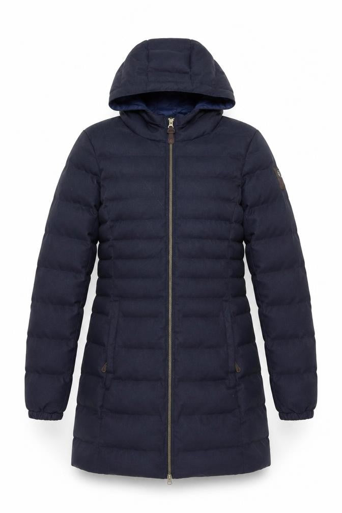 Front view of Killtec Women Blue Long Puffer Coat Hooded, size 12, Water Resistant