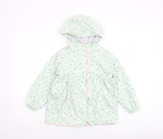 Next Girls Green Polka Dot Hooded Rain Coat 6-7 Years Cotton Lined Jacket