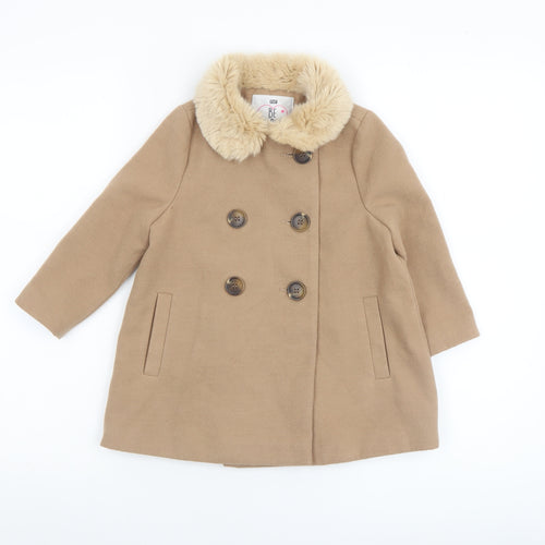 F&F Girls Beige Faux Fur Collar Double Breasted Pea Coat 3-4 Years