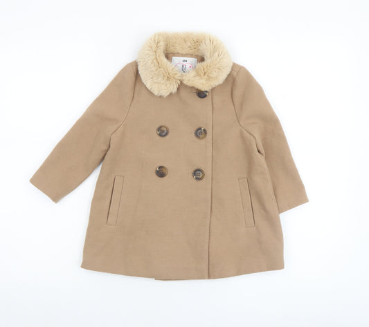 F&F Girls Beige Faux Fur Collar Double Breasted Pea Coat 3-4 Years
