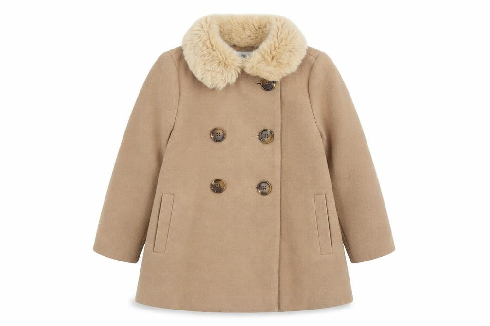 F&F Girls Beige Faux Fur Collar Double Breasted Pea Coat 3-4 Years