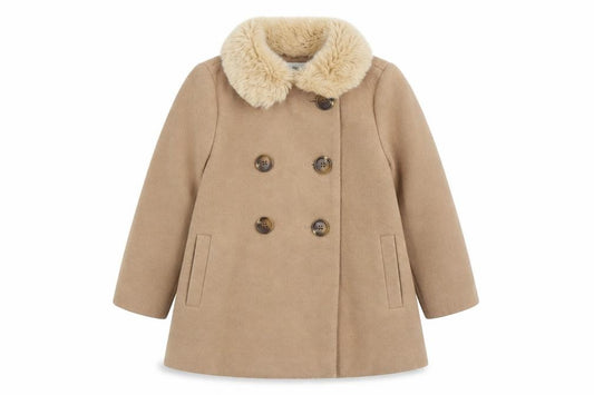 F&F Girls Beige Faux Fur Collar Double Breasted Pea Coat 3-4 Years