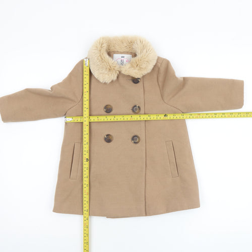F&F Girls Beige Faux Fur Collar Double Breasted Pea Coat 3-4 Years