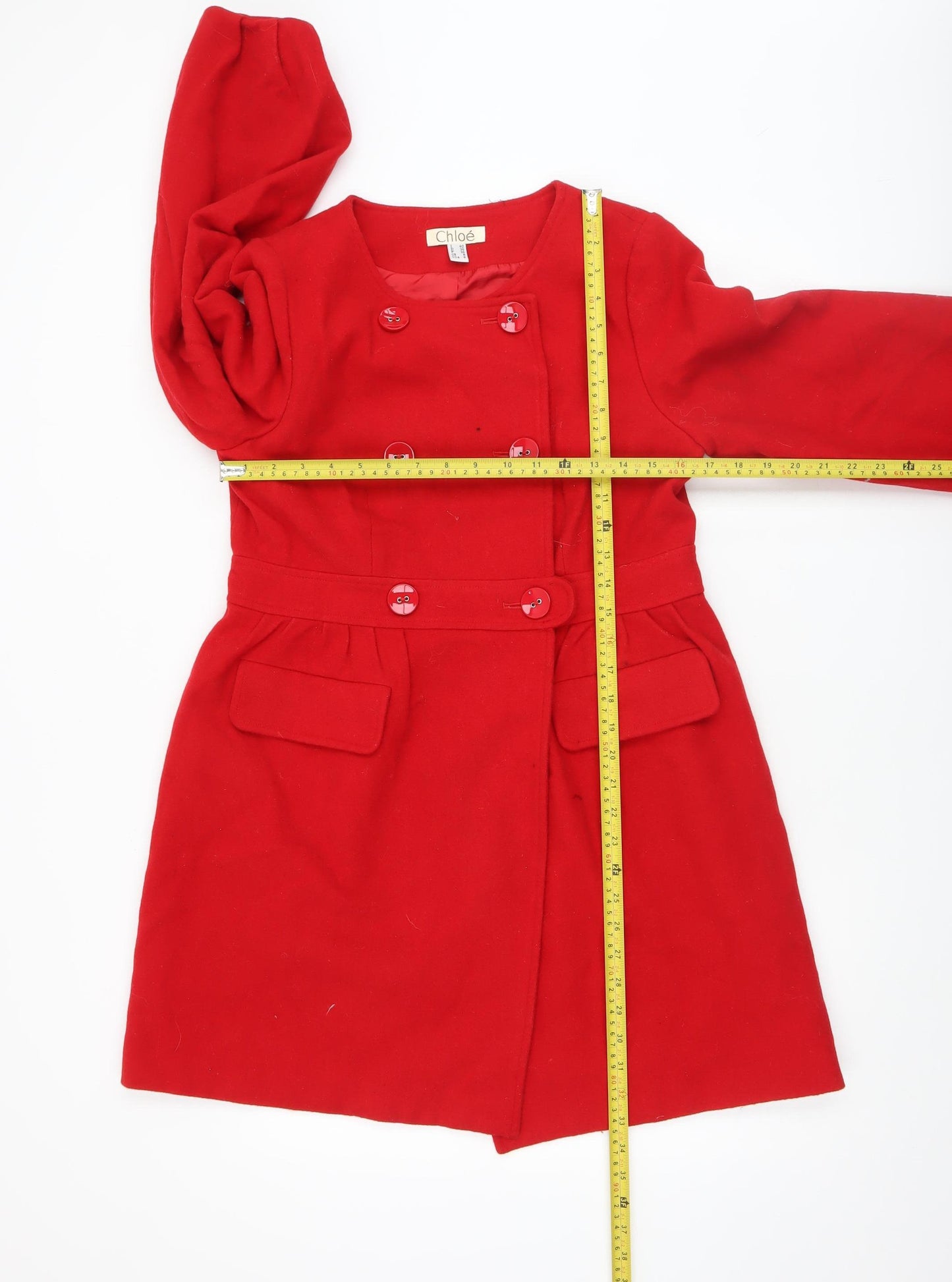 Chloé Women's Red Wool Blend Belted Double-Breasted Coat Size 8